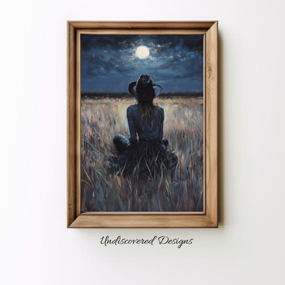 Woman Under Moon Vintage Art Print Oil Painting