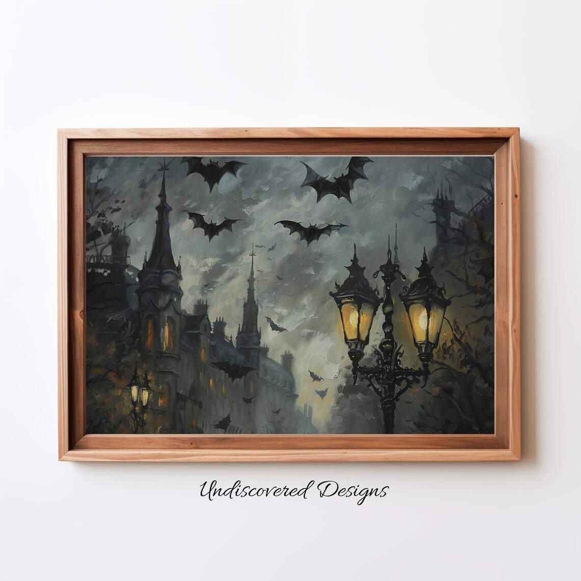 Bats Over Gothic City Victorian Street Lamps Spooky Halloween Print
