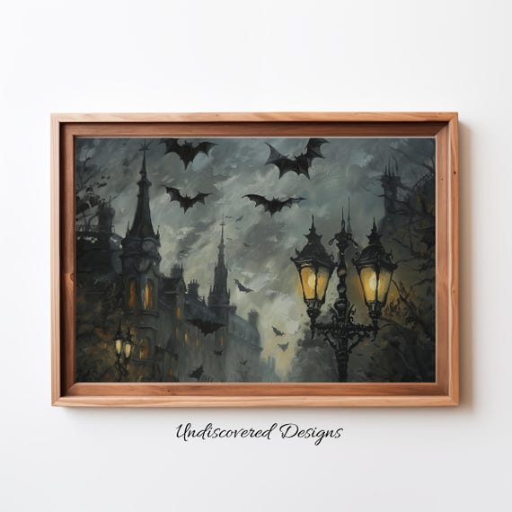 Bats With Victorian Street Lamp Spooky Halloween Art Dcor Wall Vintage Prints Oil Painting