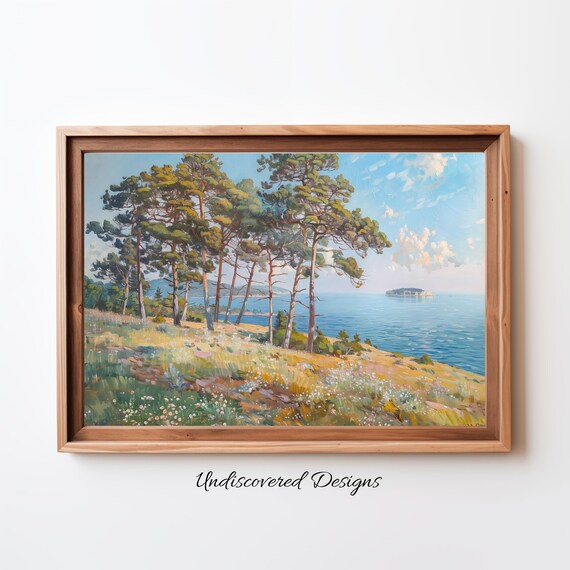 Coastal Pine Forest Rocky Shoreline Vintage Oil Painting Poster