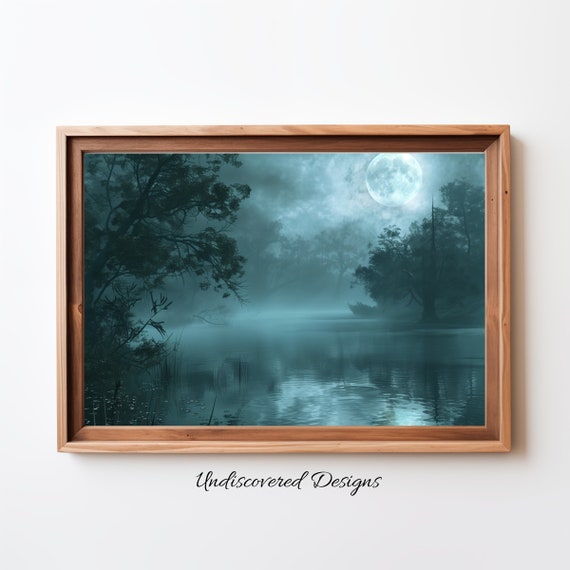 Spooky Full Moon Lake Art Dark Forest Halloween Print