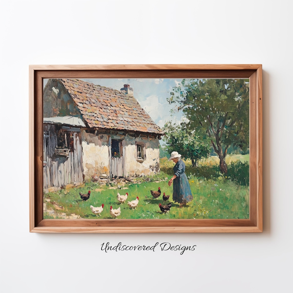 Woman Feeding Chickens at Rustic Vintage Cottage Farm Oil Poster