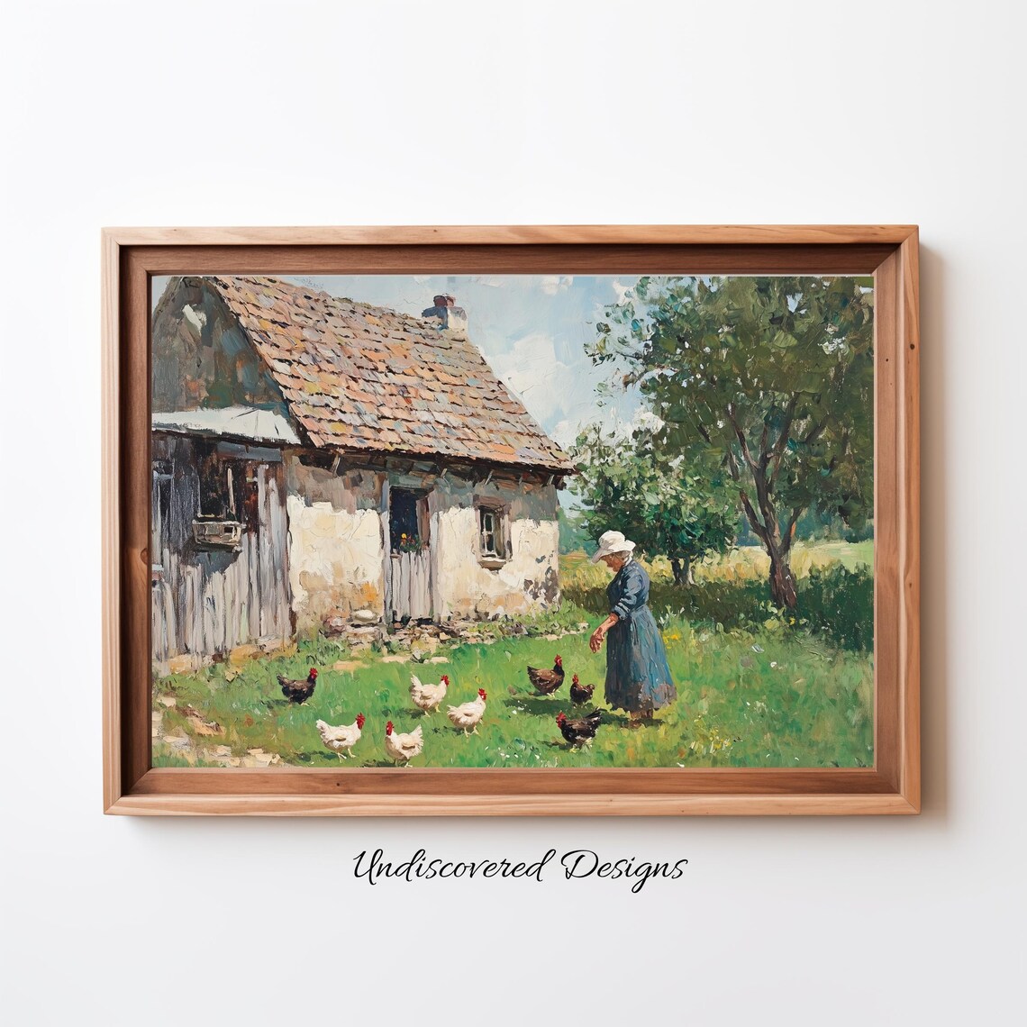 Woman Feeding Chickens Vintage Art Print
