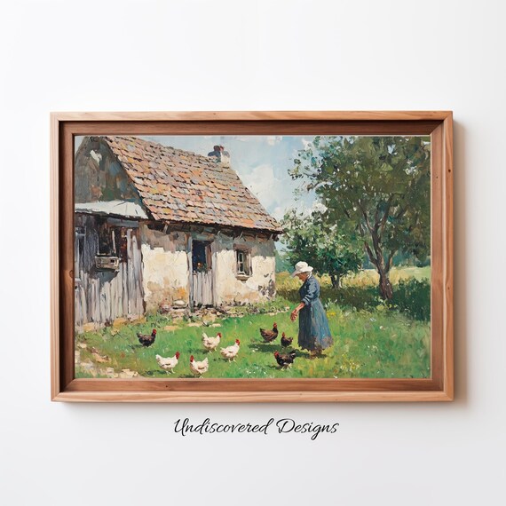 Woman Feeding Chickens Vintage Art Print
