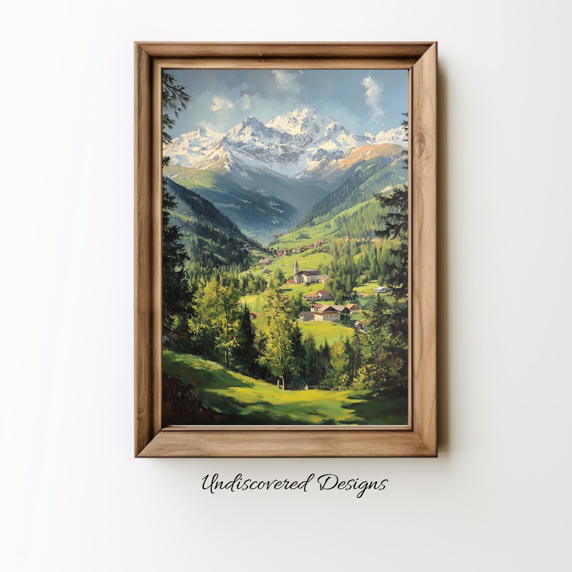 Italian Alps Mountain Village with Church in Green Valley Poster