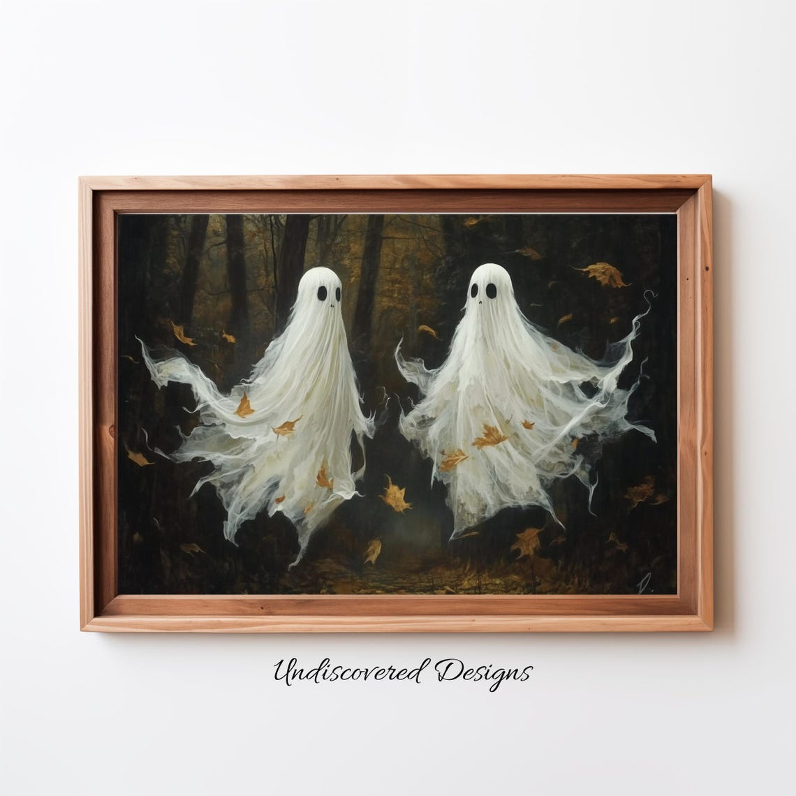 Two Ghostly Figures Misty Forest Halloween Spooky Art Poster