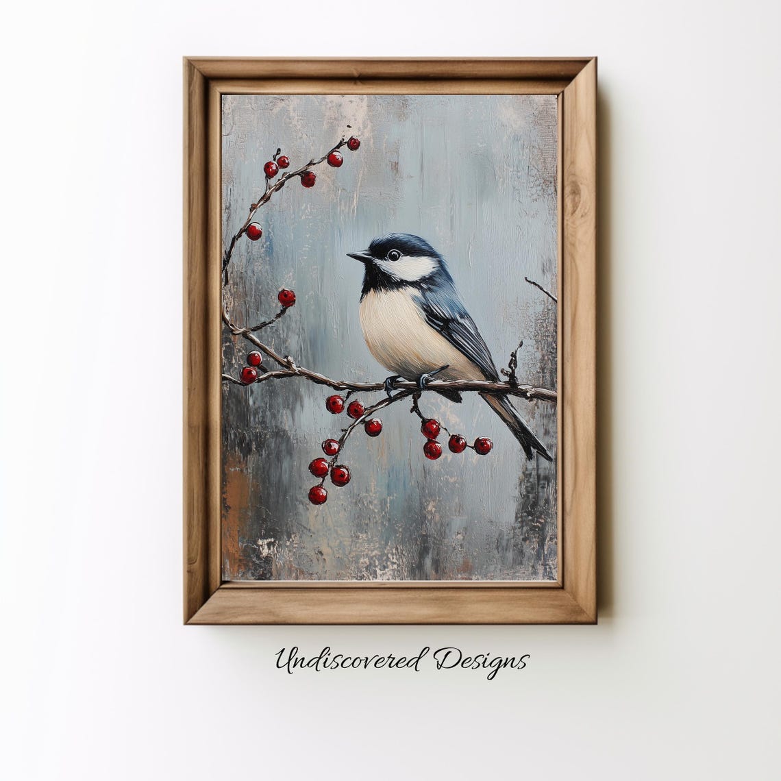 Chickadee On Red Winter Berries Branch Cozy Bird Painting Poster