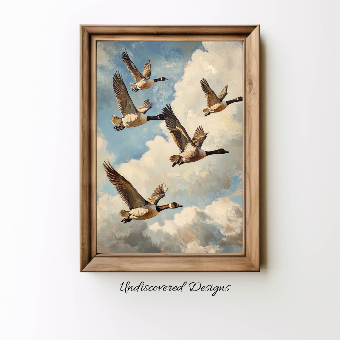 Flying Geese Flock in Cloudy Sky Vintage Oil Painting Style Poster