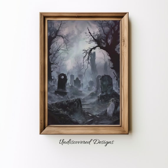 Misty Graveyard Spooky Halloween Art Dcor Wall Vintage Prints Oil Painting