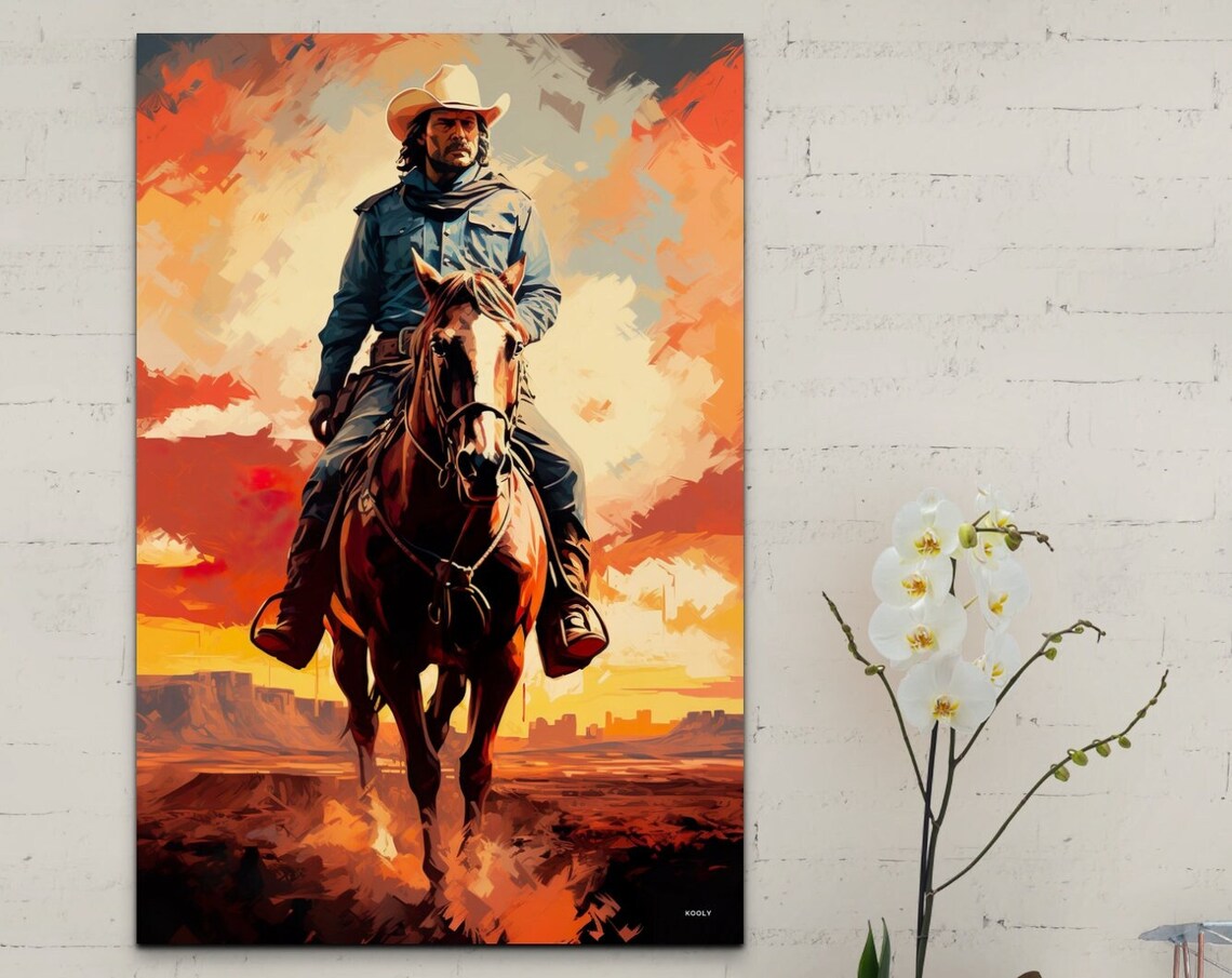 Cowboy Riding Into The Sunset, Southwestern Art Print