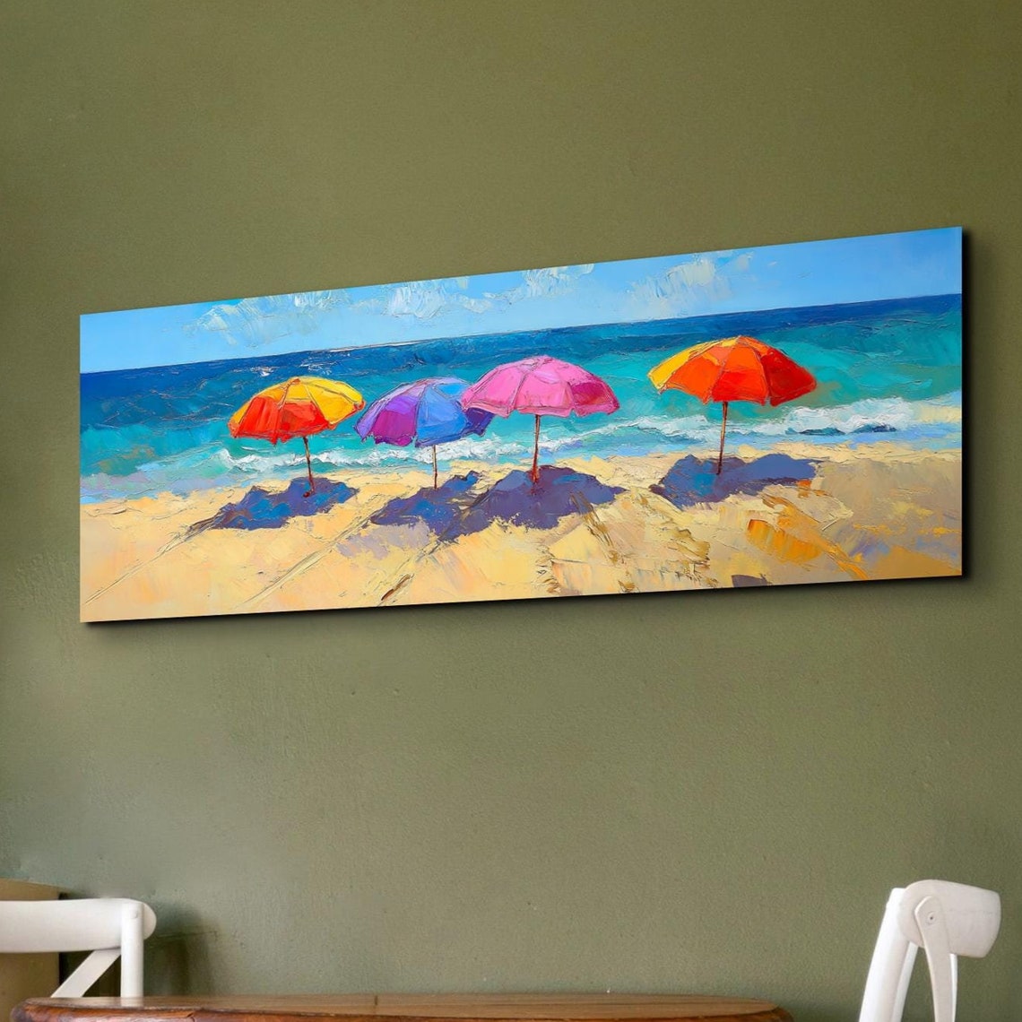 Vibrant Beach Parasols Turquoise Ocean Coastal Panoramic Art Poster