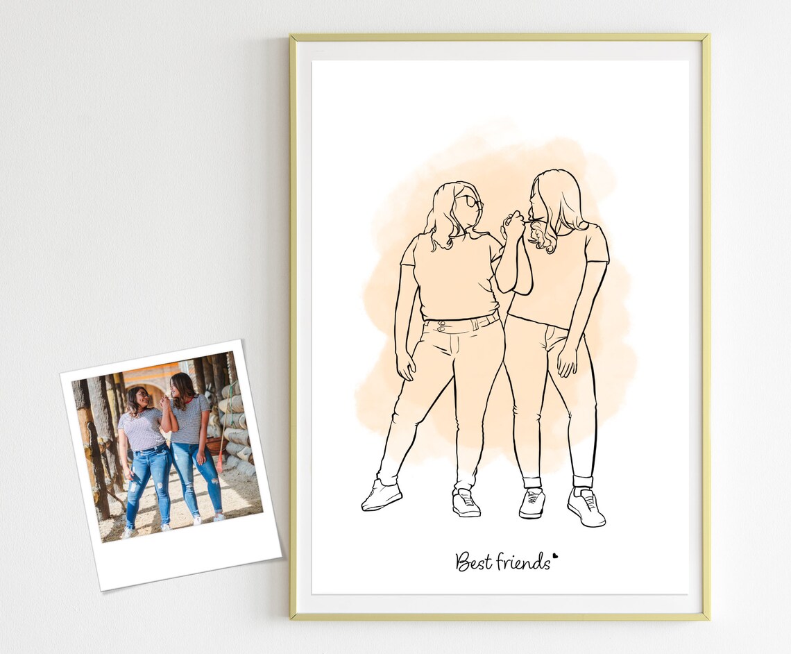 Custom Faceless Line Art Portrait of Two Best Friends Together Poster