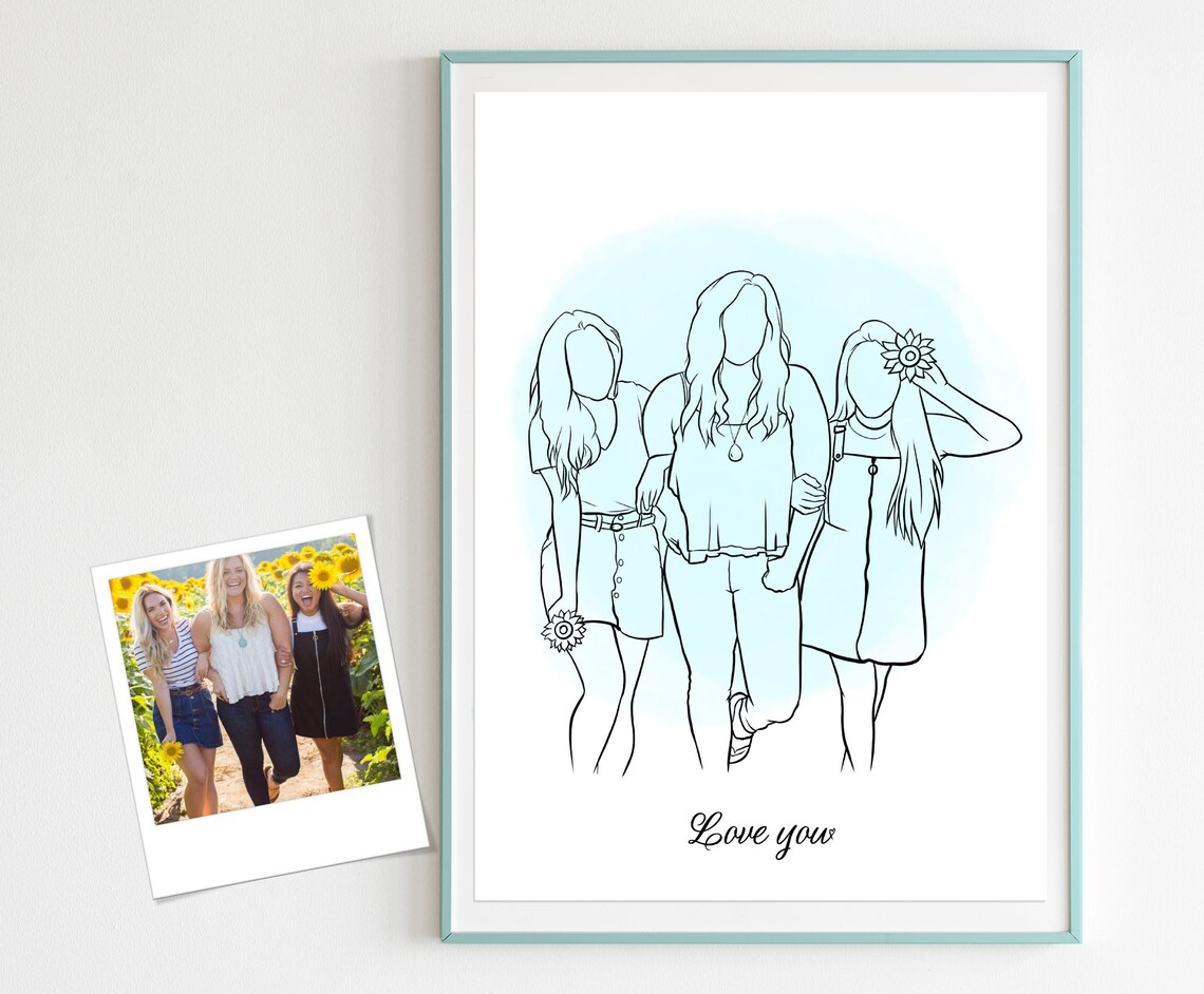 Custom Line Art Portrait of Three Friends with Sunflowers Poster