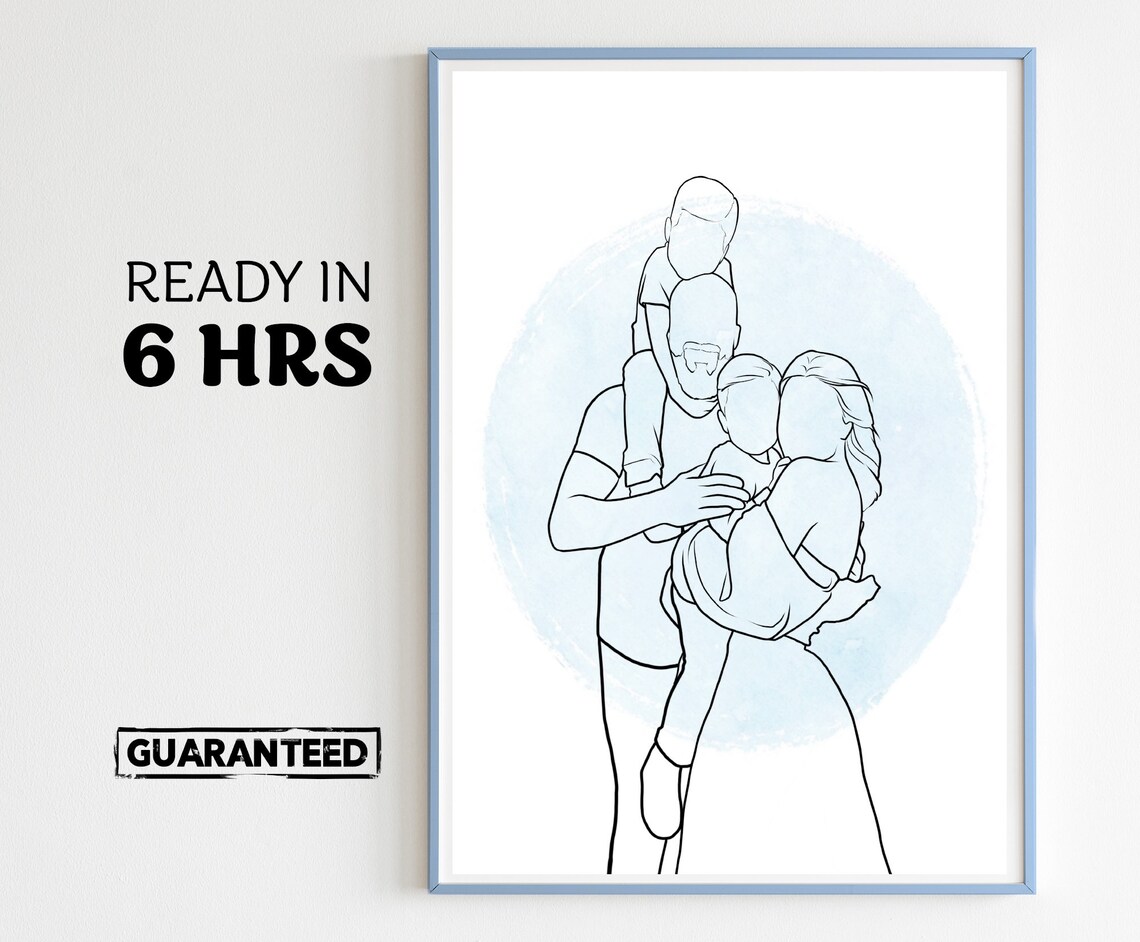 Custom Minimalist Line Art Family of Four Embrace Portrait Poster