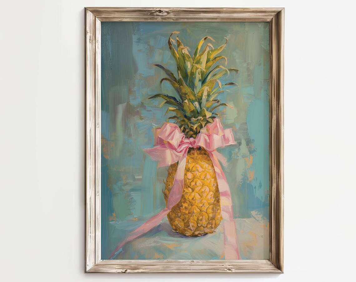 Painted Pineapple with Pink Bow Coquette Tropical Still Life Poster