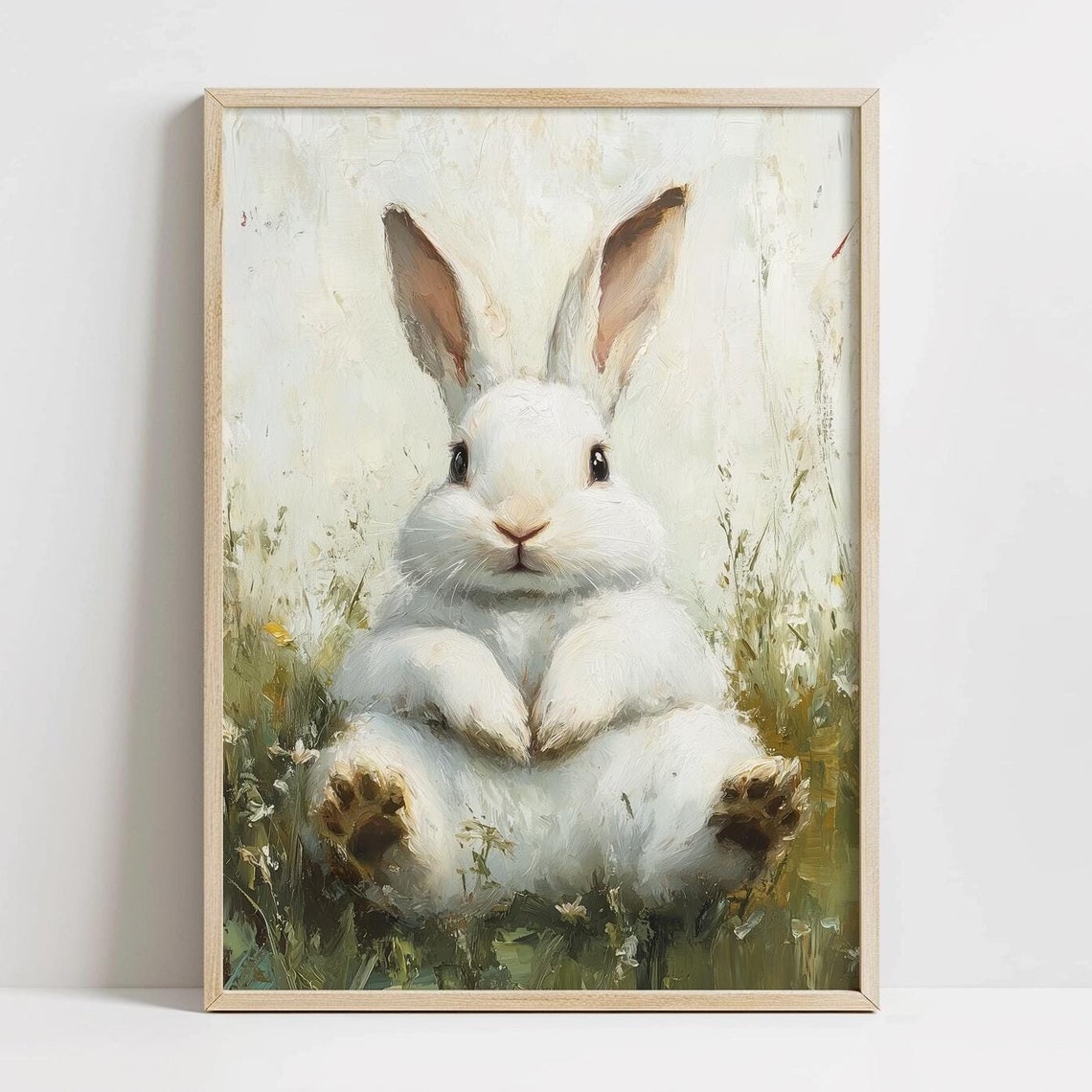 Funny Chubby White Rabbit Print Cute Easter Nursery Art Unique Easter Bunny Decor Spring Wall Art Cottagecore Rabbit Print