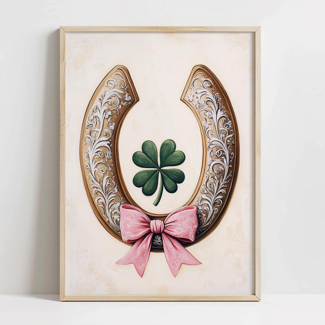 Ornate Gold Horseshoe With Green Clover And Pink Bow Lucky Poster
