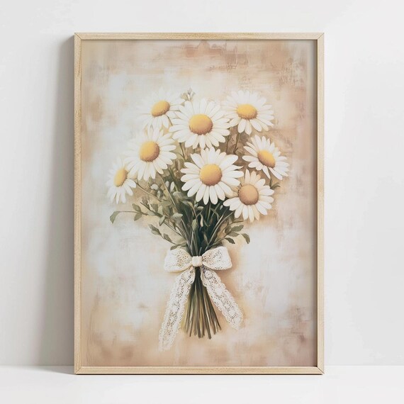 White Daisy Bouquet Lace Bow Floral Vintage Watercolor Art Print