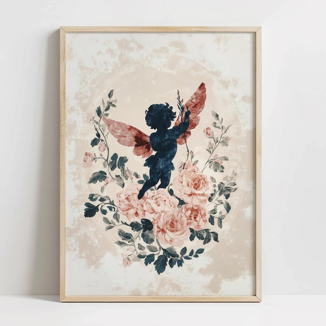 Cherub Silhouette with Rose Wings Among Blush Roses Romantic Print