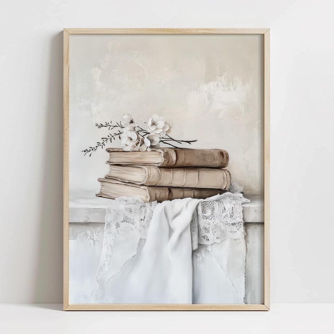 Stack of Antique Books with White Flowers and Lace Neutral Print