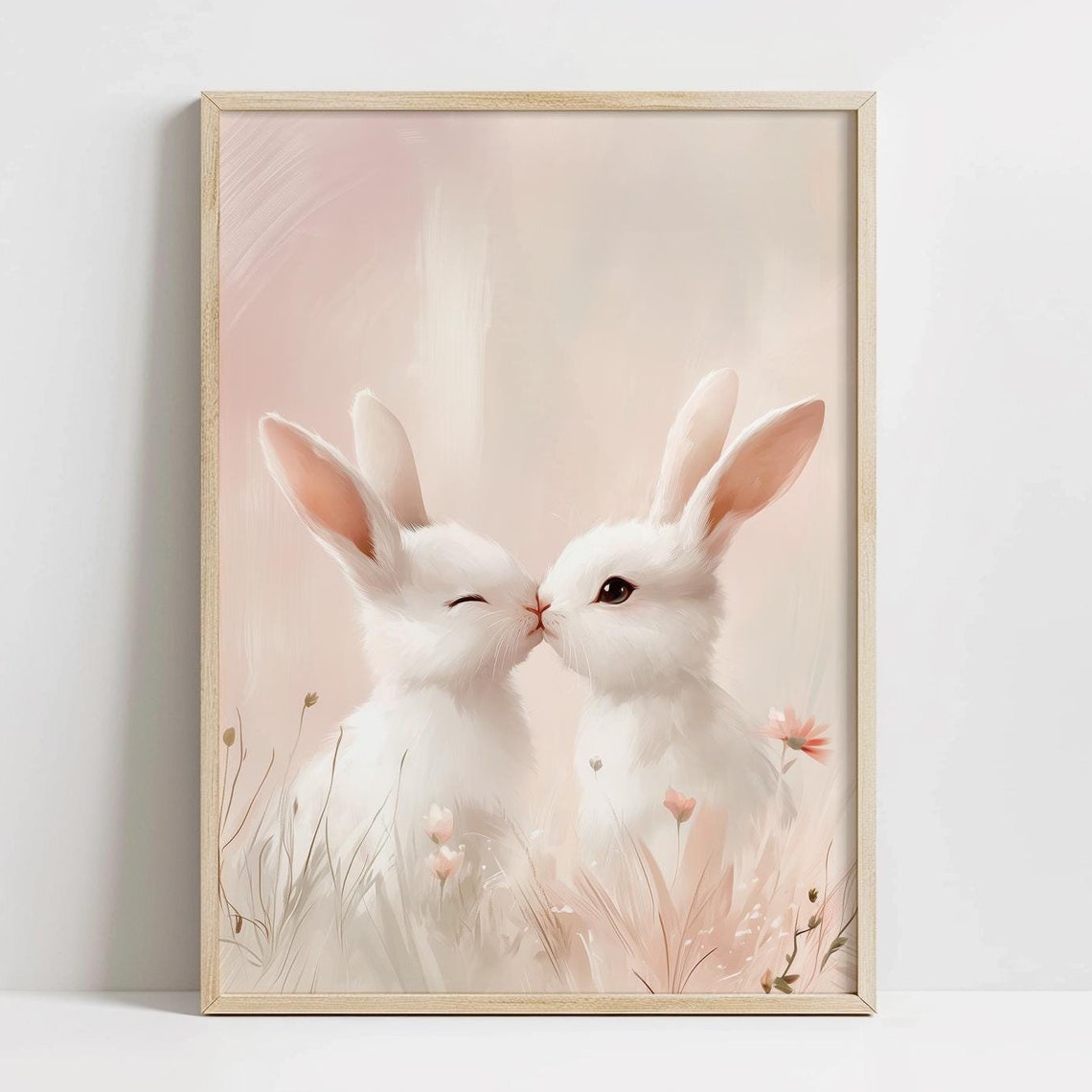 Two White Bunnies Nuzzling Pink Spring Meadow Nursery Poster