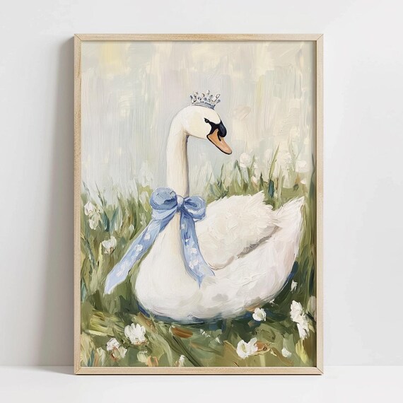 Elegant Swan Princess Wearing Crown Blue Bow Meadow Art Poster