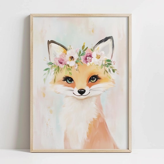 Cute Floral Crown Fox Print Nursery Art Spring Animal Decor Cute Girly Vintage Nursery Art Baby Fox Print Cottagecore Decor