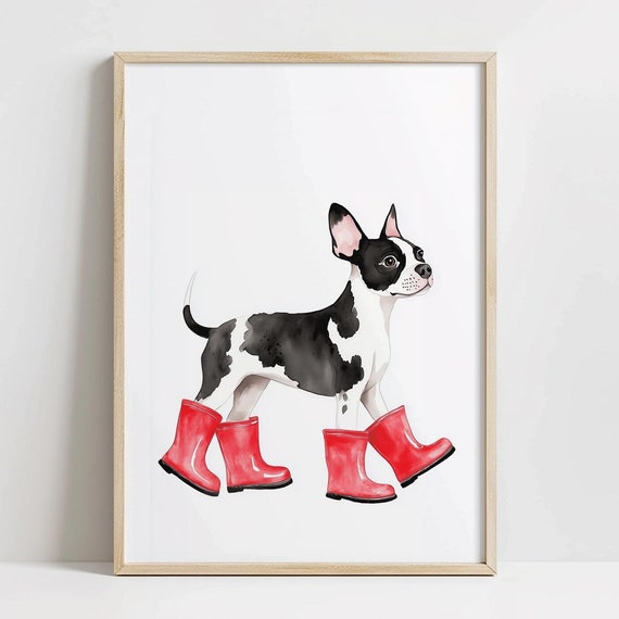 Boston Terrier Nursery Print Cute Dog Wearing Rainboots Wall Art Kids Room Sketch Dog Nursery Wall Art B505