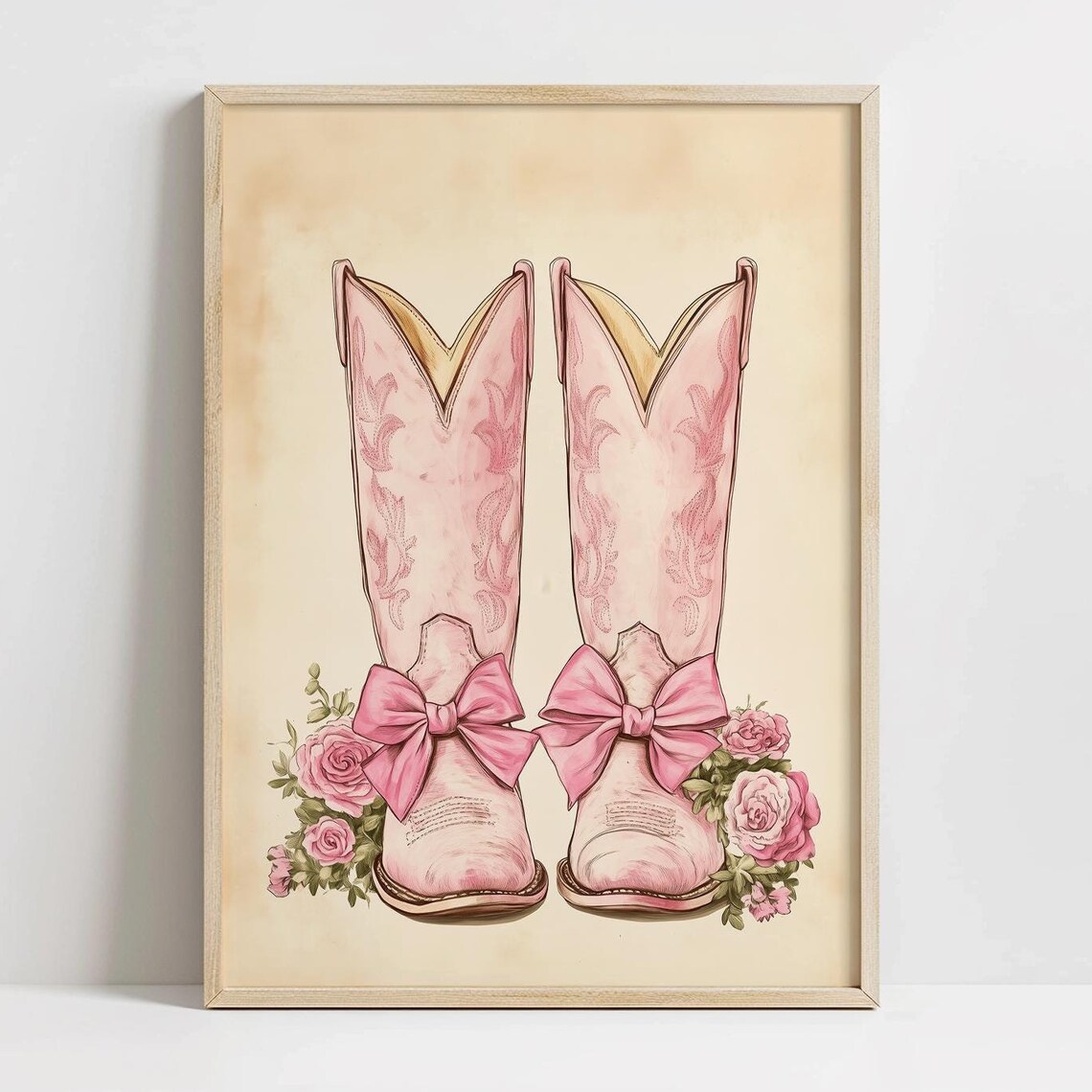 Pink Cowboy Boots Bows Roses Western Vintage Style Art Print
