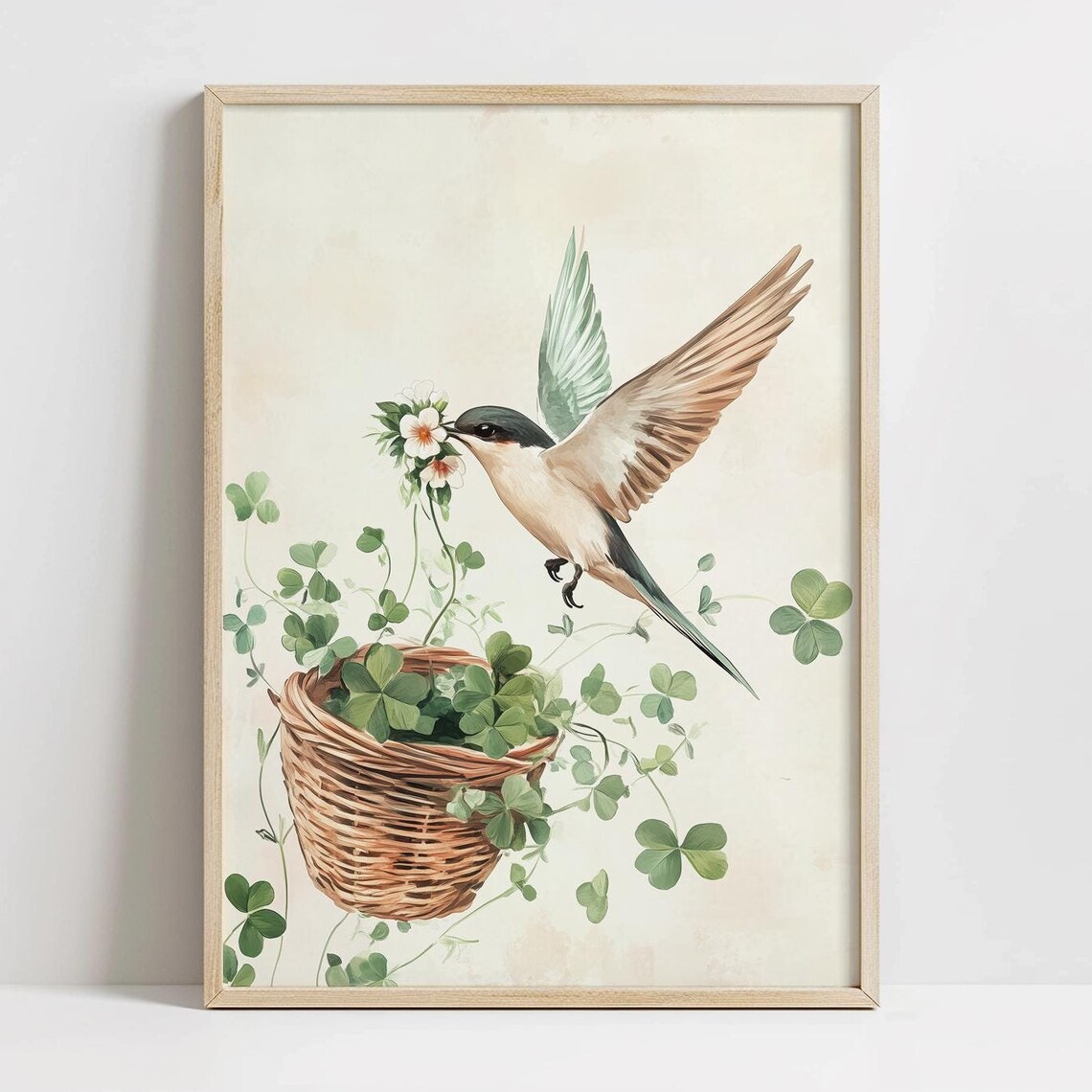 Swallow Bird Flower Clover Basket Watercolor Spring Nature Print