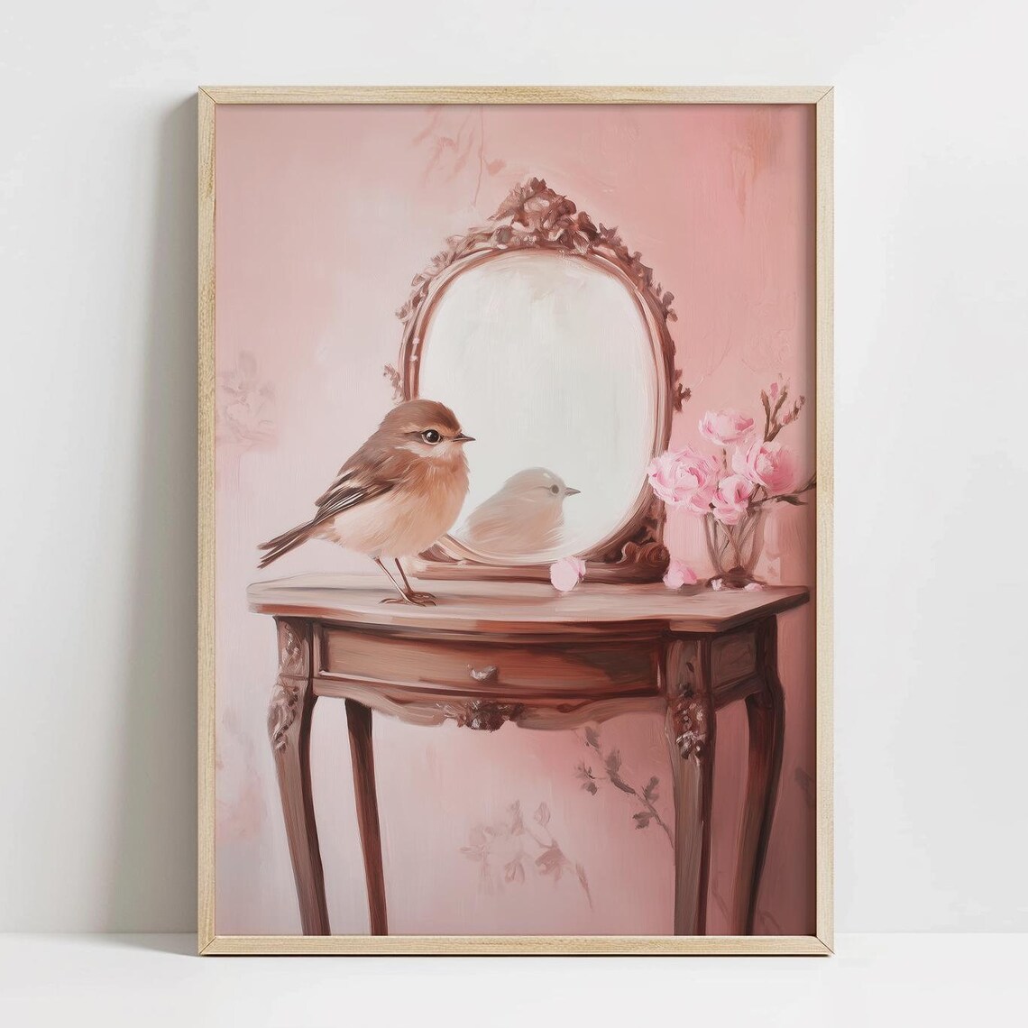 Little Bird on Pink Vanity Table with Ornate Mirror Cozy Art Print