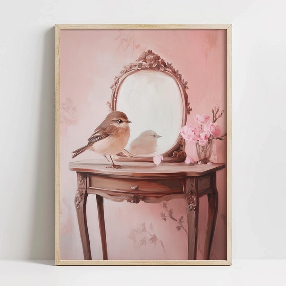 Cute Vintage Pink Cottage Bird Art Print Cottagecore Wall Art Farmhouse Decor Cottagecore Aesthetic Vintage Bird Print