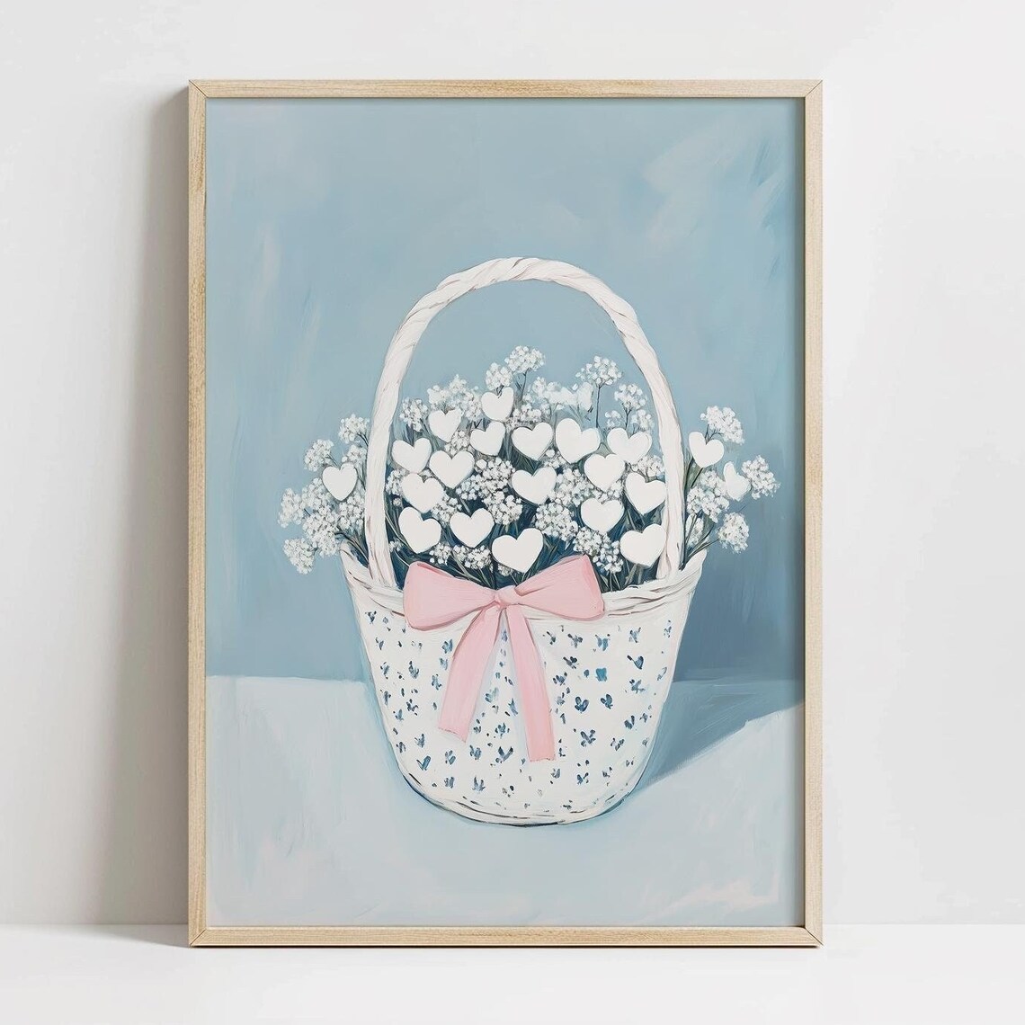 Flower Basket With Baby Breath White Hearts Pink Bow Spring Poster