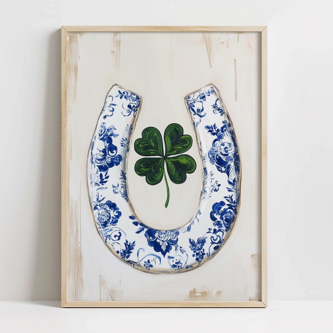 Blue Delft Porcelain Horseshoe Four Leaf Clover Good Luck Print