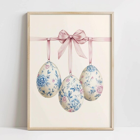 Hanging Blue Floral Easter Eggs Pink Ribbon Bow Spring Poster