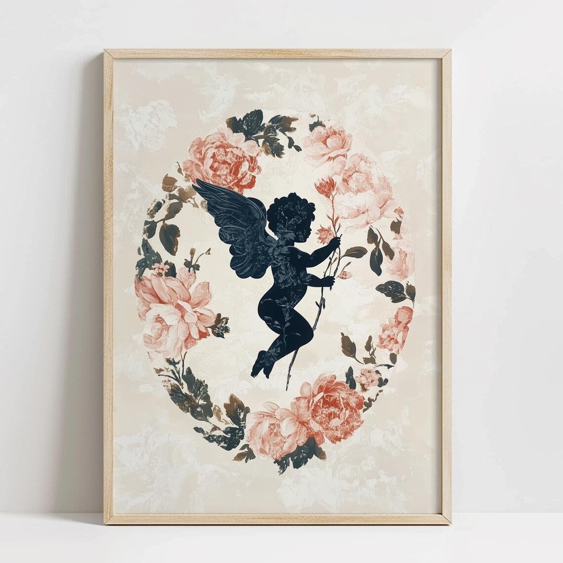 Dark Cherub Silhouette in Coral Rose Wreath Romantic Vintage Print