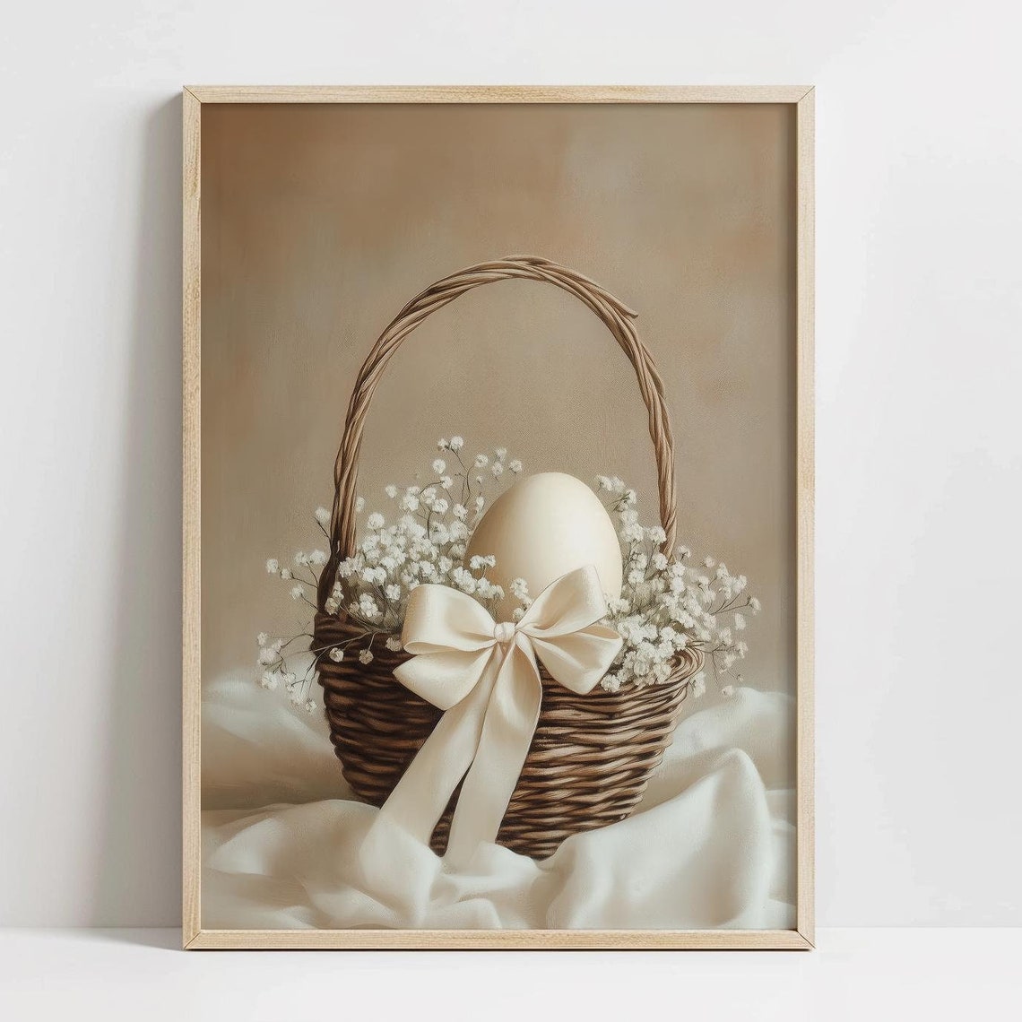Rustic Wicker Easter Basket Egg Baby Breath Ivory Bow Poster