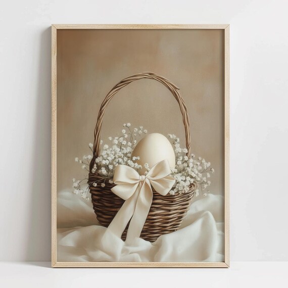 Rustic Wicker Easter Basket Egg Baby Breath Ivory Bow Poster