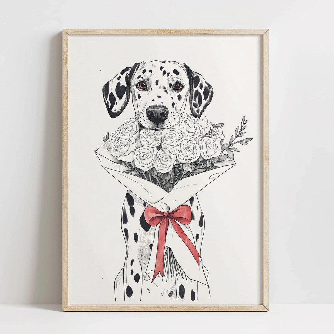 Dalmatian Dog White Rose Bouquet Red Bow Sketch Animal Print
