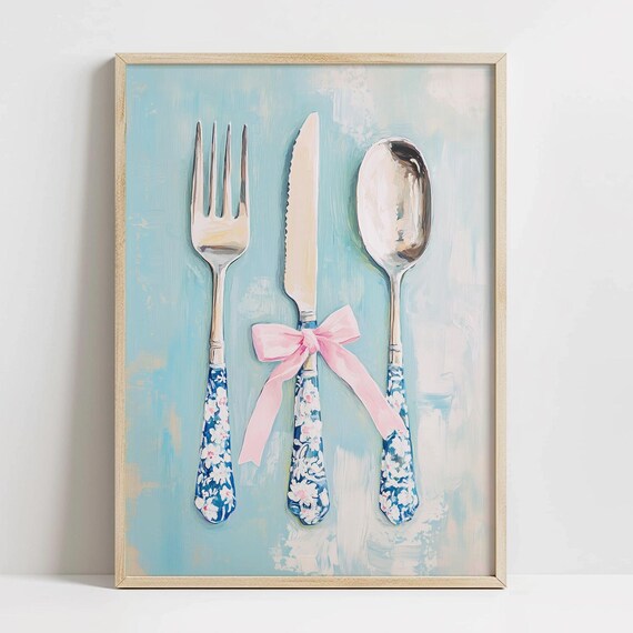 Vintage Cutlery Blue Floral Handles Pink Bow Kitchen Art Print
