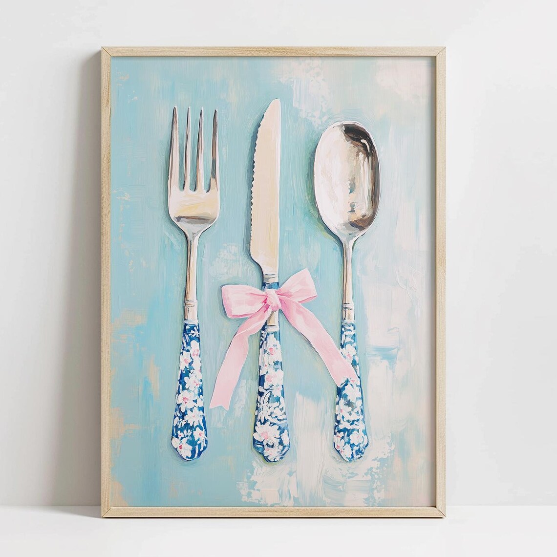Vintage Cutlery Blue Floral Handles Pink Bow Kitchen Art Print