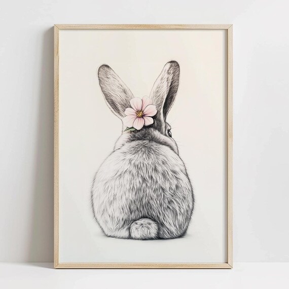 Bunny From Behind Pink Flower Easter Spring Neutral Nursery Poster