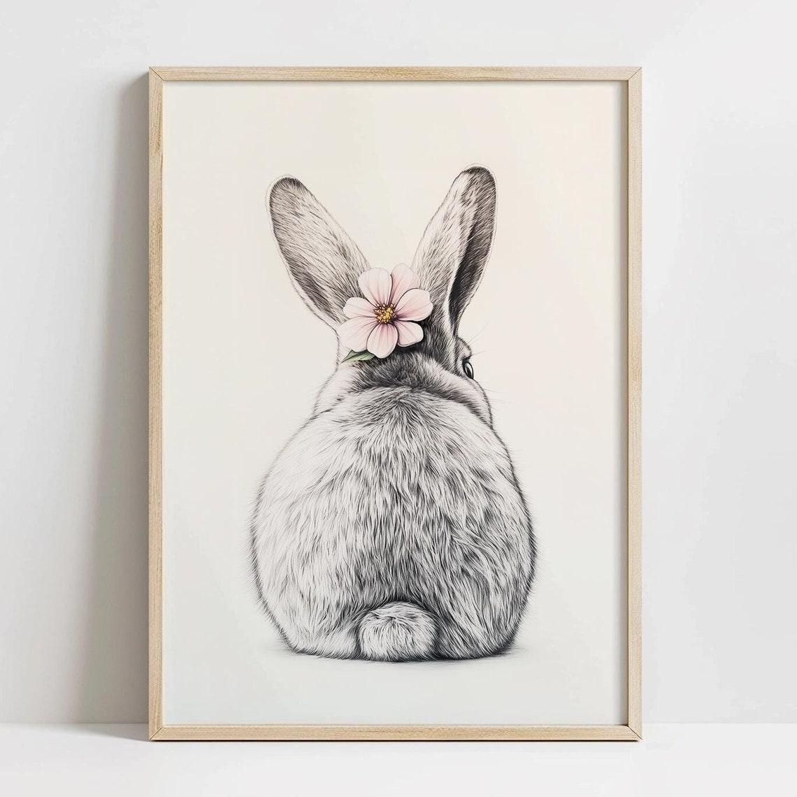 Bunny From Behind Pink Flower Easter Spring Neutral Nursery Poster