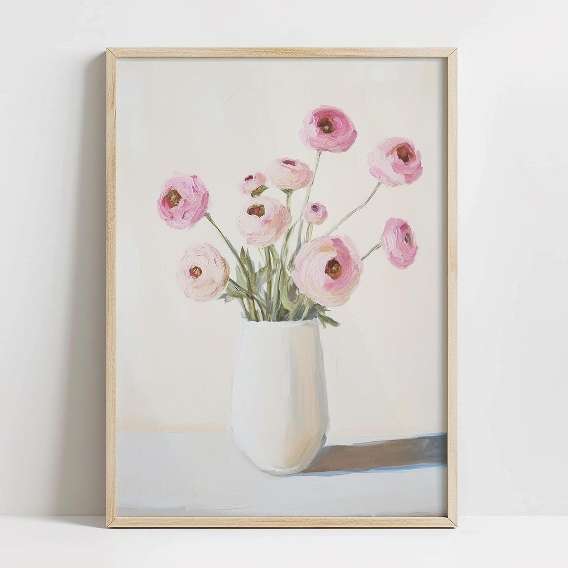 Pink Ranunculus White Vase Loose Oil Painting Floral Art Print
