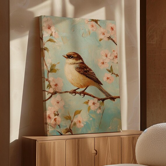 Little Bird on Cherry Blossom Branch Soft Pastel Spring Art Print