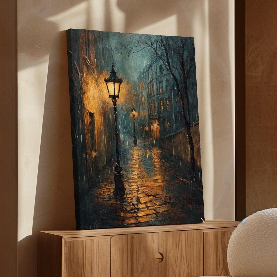 Rainy Night City Street With Glowing Vintage Lamp Posts Poster