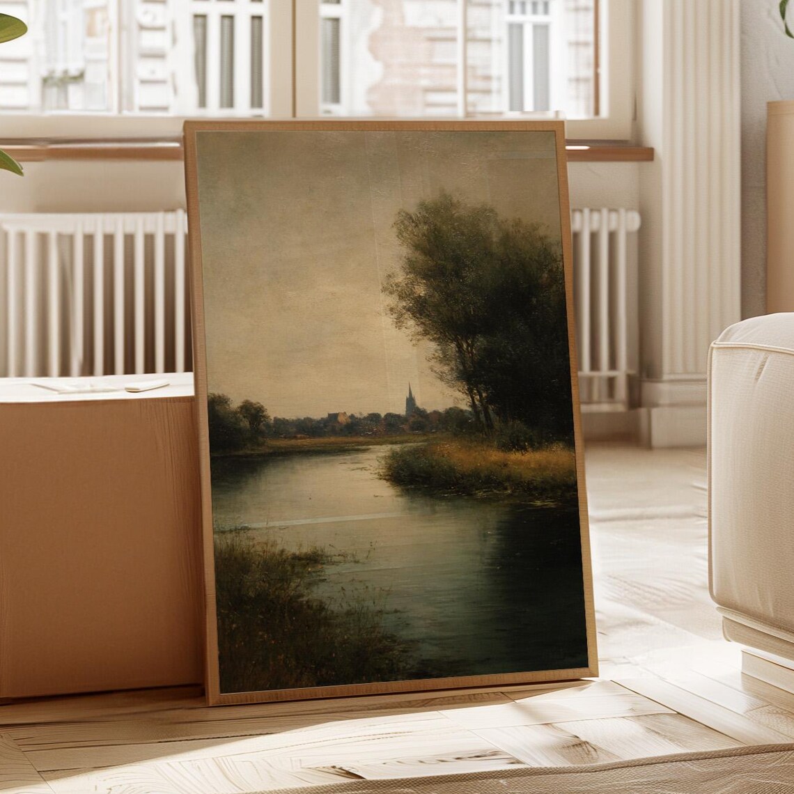 Vintage River Landscape Village Church Moody Old Master Style Poster
