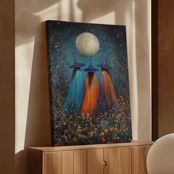 Enchanting Witches Under Full Moon Art Mystical Night Scene With Colorful Robes Floral Meadow And Starry Sky Decor