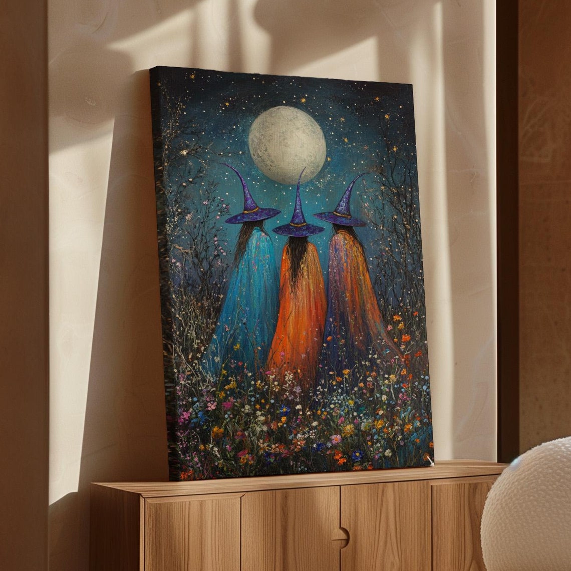 Three Witches Under a Full Moon in a Starlit Wildflower Meadow Poster