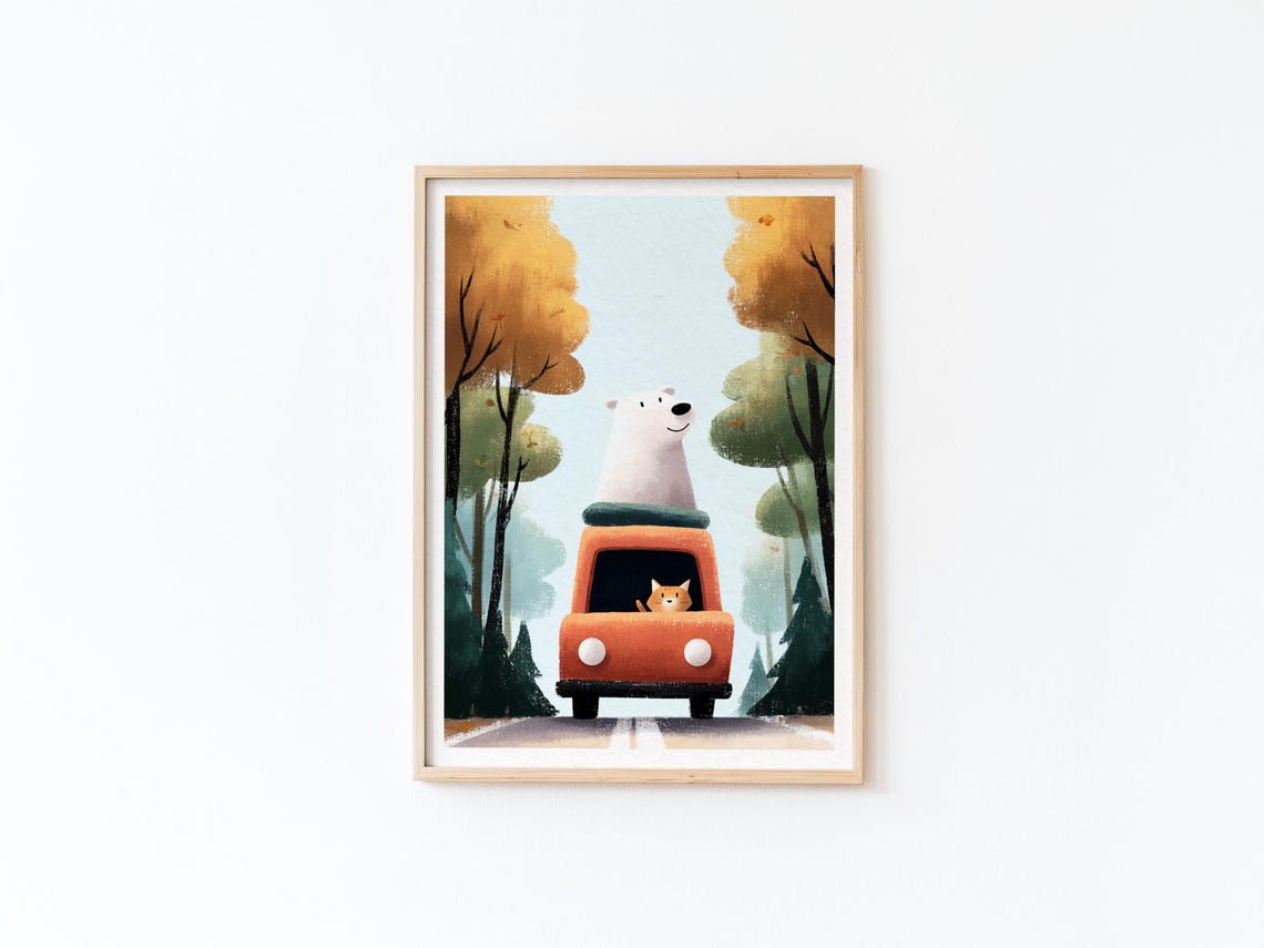 Happy Polar Bear Riding On Orange Car With Cat In Forest Poster